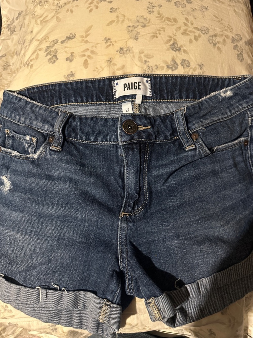 PAIGE Medium Blue Rolled Hem Denim Shorts